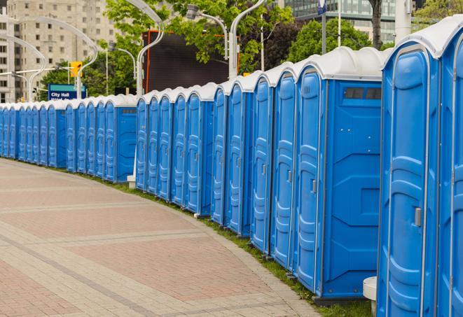 a row of portable restrooms set up for a large athletic event, allowing participants and spectators to easily take care of their needs in Beaufort